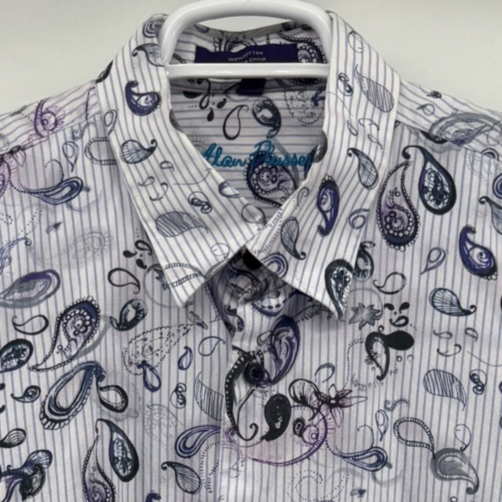Alan Flusser Mens XL Blue Purple Paisley Striped Cotton Button Down Shirt